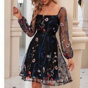 JJs House Black Tulle long sleeve Dress with Floral Embroidery size L